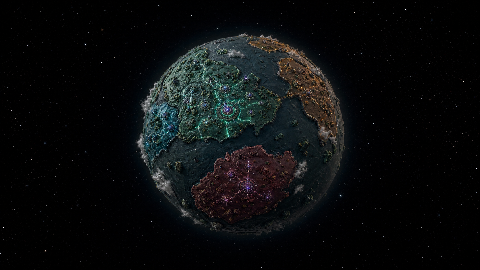 Handgebauter Knetplanet mit vier Solana-Sektoren und leuchtenden Verbindungswegen